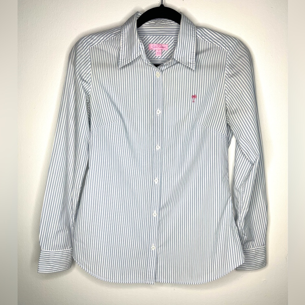 Lily Pulitzer Button Down Top Blouse Blue White Pinstripes Long Sleeves SZ 4 EUC